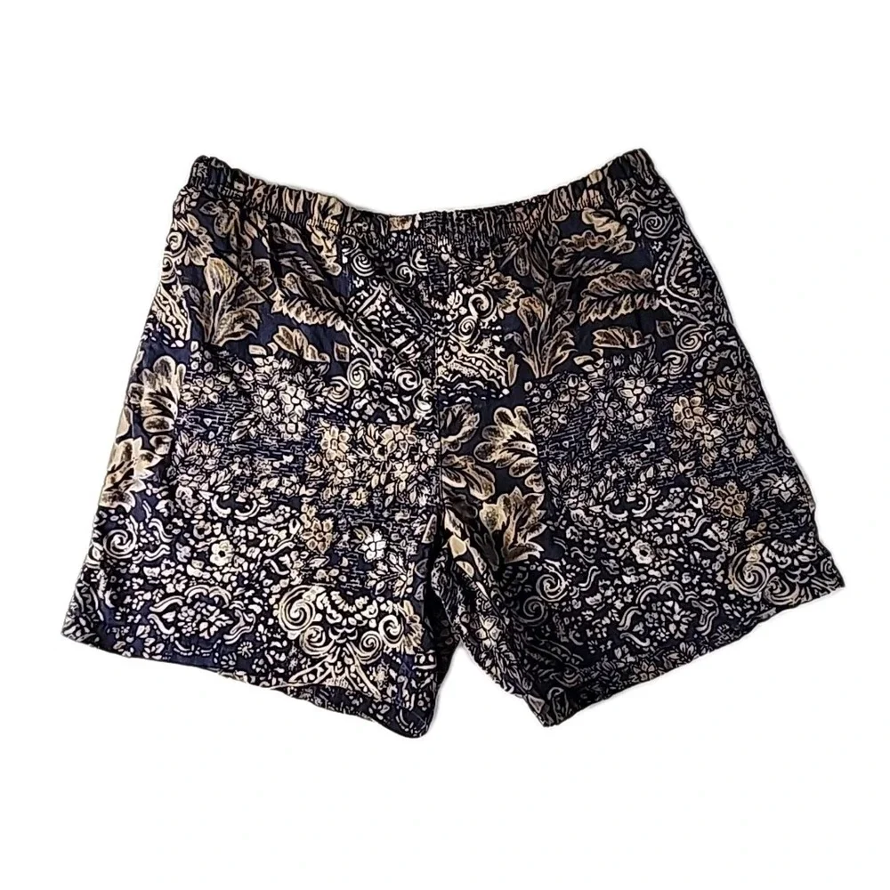 Vintage Nautica Men's Large Swim Trunks Dark Blue & Tan Hawaiian Print Nylon EUC